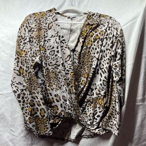 🌷White Birch Cream and Brown Wrap Blouse with Notched Collar